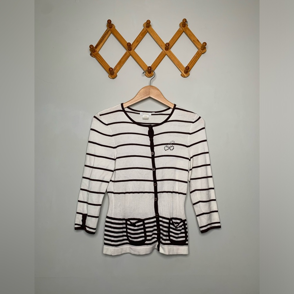 Vintage Women’s By Artisan 3/4 Sleeve Cherry Brown Stripe White Sweater SZ M